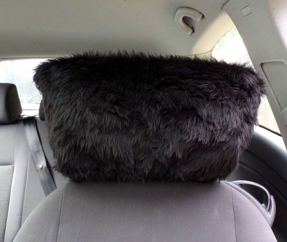 Black fuzzy faux fur car headrest covers 1 pair