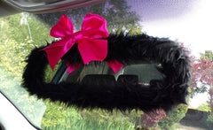 fuzzy Black rear view mirror cover faux fur with Pink satin bow
