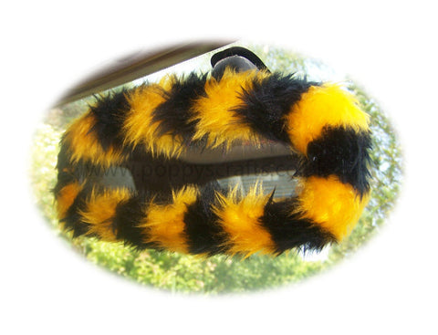 Bumble Bee stripey faux fur rear view interior mirror cover