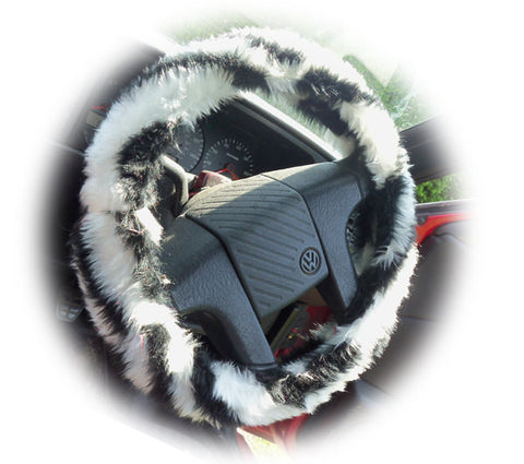 Black and white faux fur Zebra Stripe fuzzy car steering wheel cover