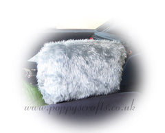 Silver Grey fluffy faux fur car headrest covers 1 pair