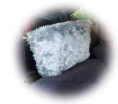 Silver Grey fluffy faux fur car headrest covers 1 pair