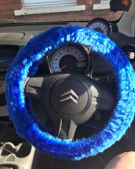 Royal Blue fuzzy faux fur car steering wheel cover Poppys Crafts