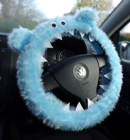 Baby Blue Fuzzy monster car steering wheel cover