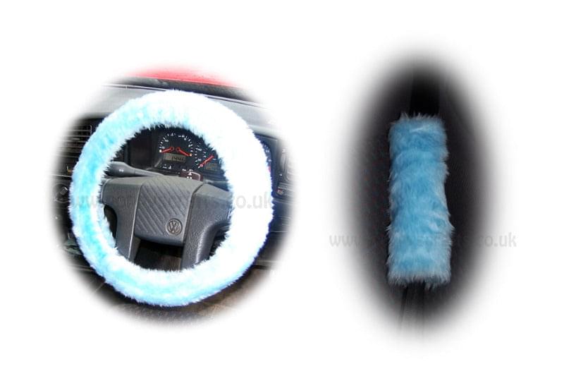 Baby Blue Fuzzy Car Steering wheel cover & matching faux fur seat belt pad set Poppys Crafts