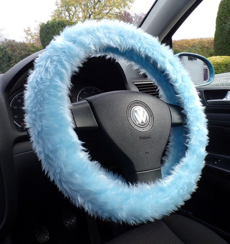 Baby Blue fluffy fuzzy faux fur car steering wheel cover
