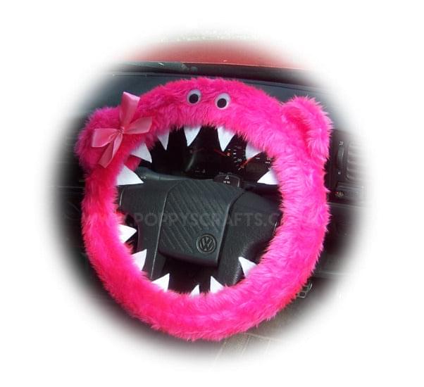 Barbie Pink fuzzy Monster car steering wheel cover with Pink Bow Poppys Crafts