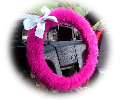 Barbie Pink fluffy faux fur car steering wheel cover with white satin Bow