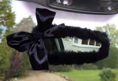 Cute fuzzy Black rear view mirror cover faux fur with black satin bow