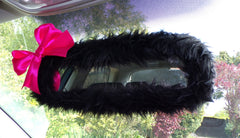 fuzzy Black rear view mirror cover faux fur with Pink satin bow