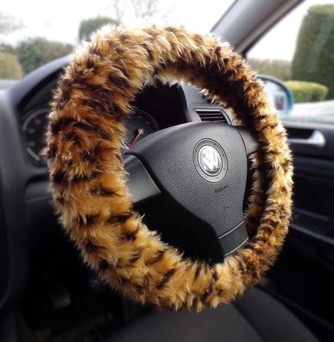 Cheetah print fuzzy car steering wheel cover