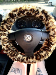 Leopard Print fuzzy faux fur car steering wheel cover cheetah animal print