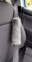 Dark grey Fuzzy faux fur car seatbelt pads furry and fluffy
