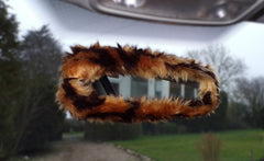 Fuzzy faux fur rear view interior car mirror cover in choice of print