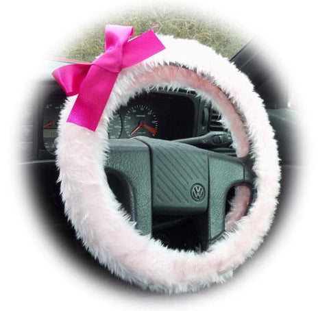 Baby Pink fuzzy faux fur car steering wheel cover with Barbie pink satin Bow