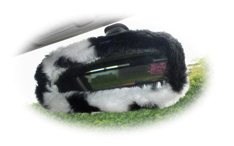 Black & white cow print faux fur rear view interior mirror cover