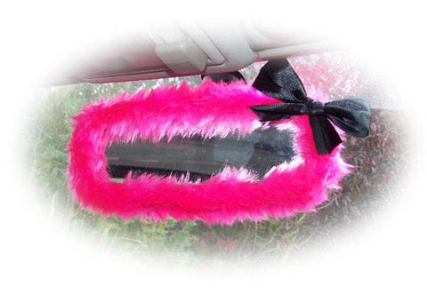 Barbie pink faux fur fuzzy rear view interior car mirror cover with black satin bow