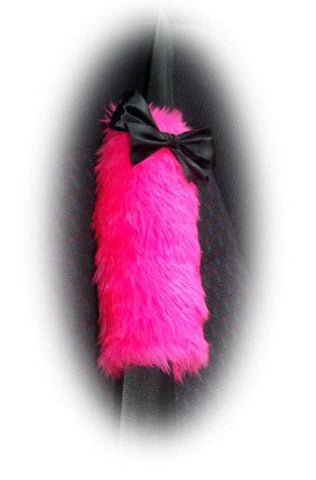 1 pair of faux fur Fuzzy barbie pink car seatbelt pads with black satin bows