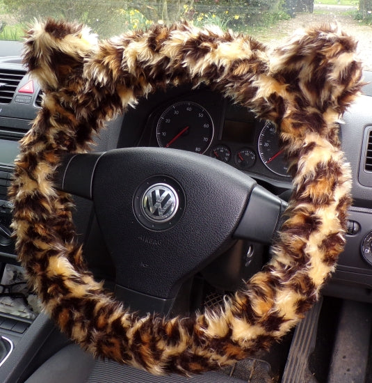 Leopard print fuzzy Steering Wheel Cover with Ears Poppys Crafts