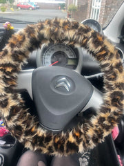 Leopard Print fuzzy faux fur car steering wheel cover cheetah animal print