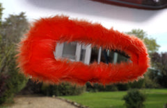 Orange fuzzy faux fur car mirror cover handmade by Poppys Crafts