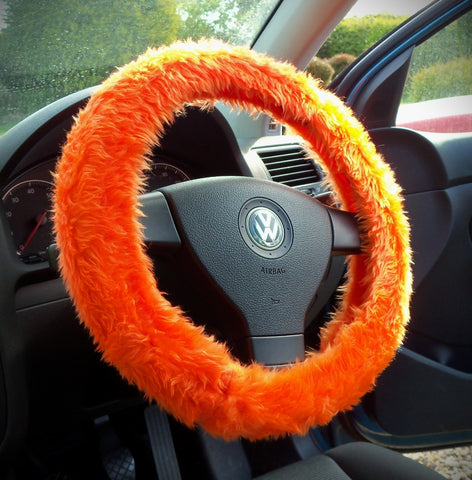Bright Tangerine Orange Fuzzy faux fur car steering wheel cover
