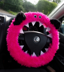 Fuzzy Monster car steering wheel cover Plain faux fur choice of colour Pink With Black Ears