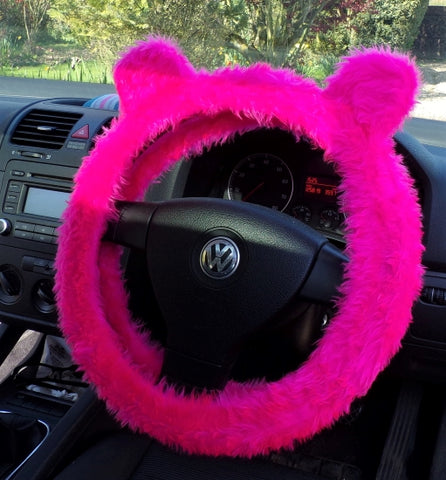 Bright Pink fuzzy Steering Wheel Cover with Ears