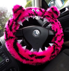 Pink and black Tiger stripe fuzzy Monster steering wheel cover
