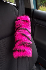 Pink and black tiger stripe fuzzy faux fur seatbelt pads 1 pair