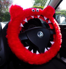 Red fuzzy faux fur Monster steering wheel cover