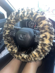 Leopard Print fuzzy faux fur car steering wheel cover cheetah animal print
