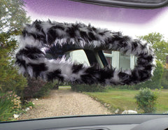 Fuzzy faux fur rear view interior car mirror cover in choice of print Snow Leopard