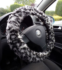 Snow leopard fuzzy faux fur car steering wheel cover