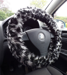 Snow leopard fuzzy faux fur car steering wheel cover