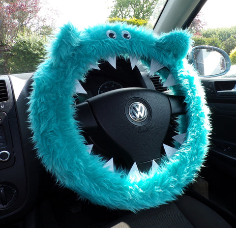 Turquoise / Teal Fuzzy monster car steering wheel cover