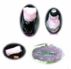 Fluffy faux fur 4 piece car accessories set choice of colour Poppys Crafts