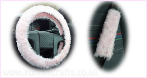 Baby Pink Car Steering wheel cover & matching fuzzy faux fur seatbelt pad set