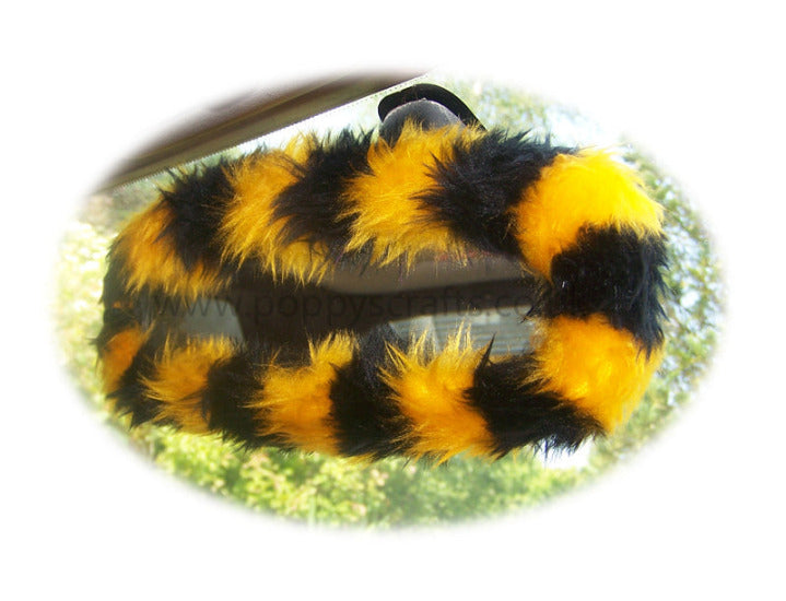 Bumble Bee stripey faux fur rear view interior mirror cover Poppys Crafts