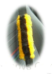Busy Bumble Bee Striped fuzzy Car Steering wheel cover & matching faux fur seatbelt pad set Poppys Crafts