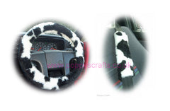 Black and White Cow print fuzzy Car Steering wheel cover & matching faux fur seatbelt pad set Poppys Crafts