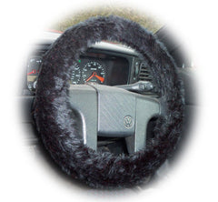 Black fluffy steering wheel cover and matching faux fur seatbelt pads Poppys Crafts