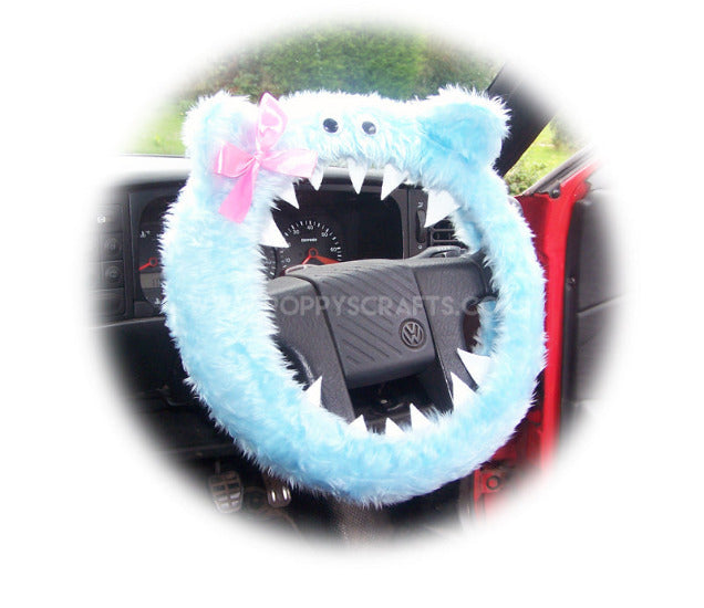 Fuzzy Baby blue faux fur monster car steering wheel cover with cute pink bow Poppys Crafts