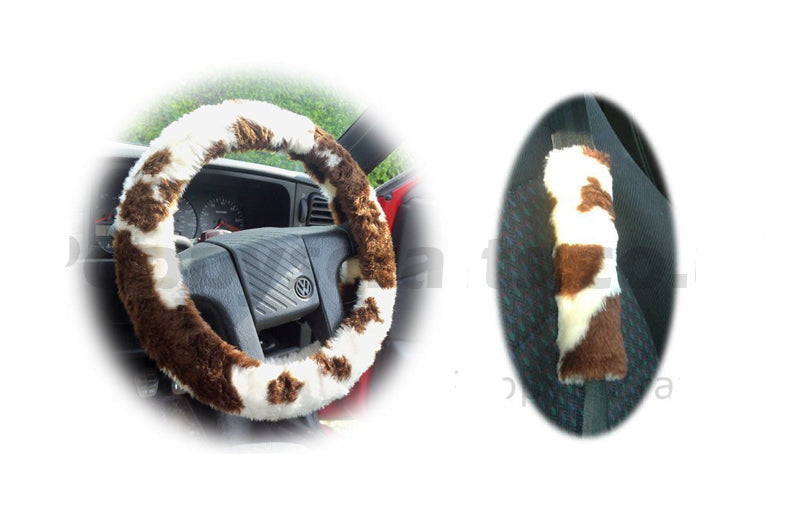 Brown and White Cow print fuzzy Car Steering wheel cover & matching faux fur seatbelt pad set Poppys Crafts