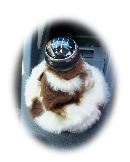 Brown and cream cow print faux fur fluffy gear stick gaiter cover Poppys Crafts