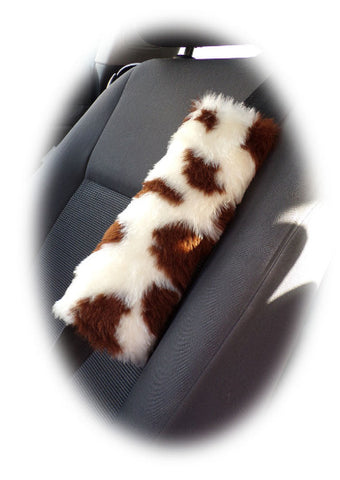 Brown and cream cow print fuzzy car seatbelt pads 1 pair