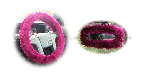 Burgundy Red fuzzy steering wheel cover with cute matching rear view mirror cover