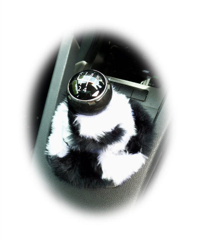 Black and white cow print faux fur fluffy gear stick gaiter cover
