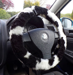 Black and White Cow print fuzzy faux fur car steering wheel cover furry and fluffy Poppys Crafts