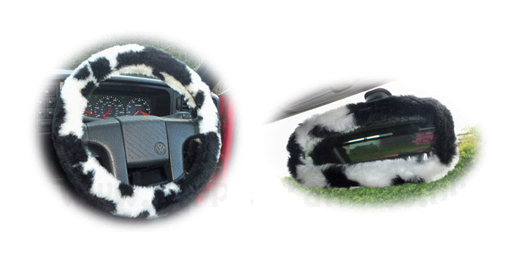 Cow Print fuzzy steering wheel cover with cute matching rear view interior mirror cover Poppys Crafts